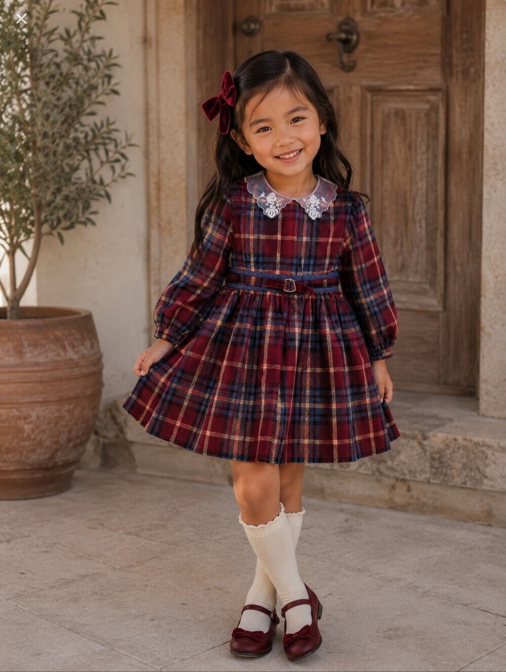Vintage Green Sea Plaid Peter Pan Lace Collar Dress Girls 6 Holiday Prairie